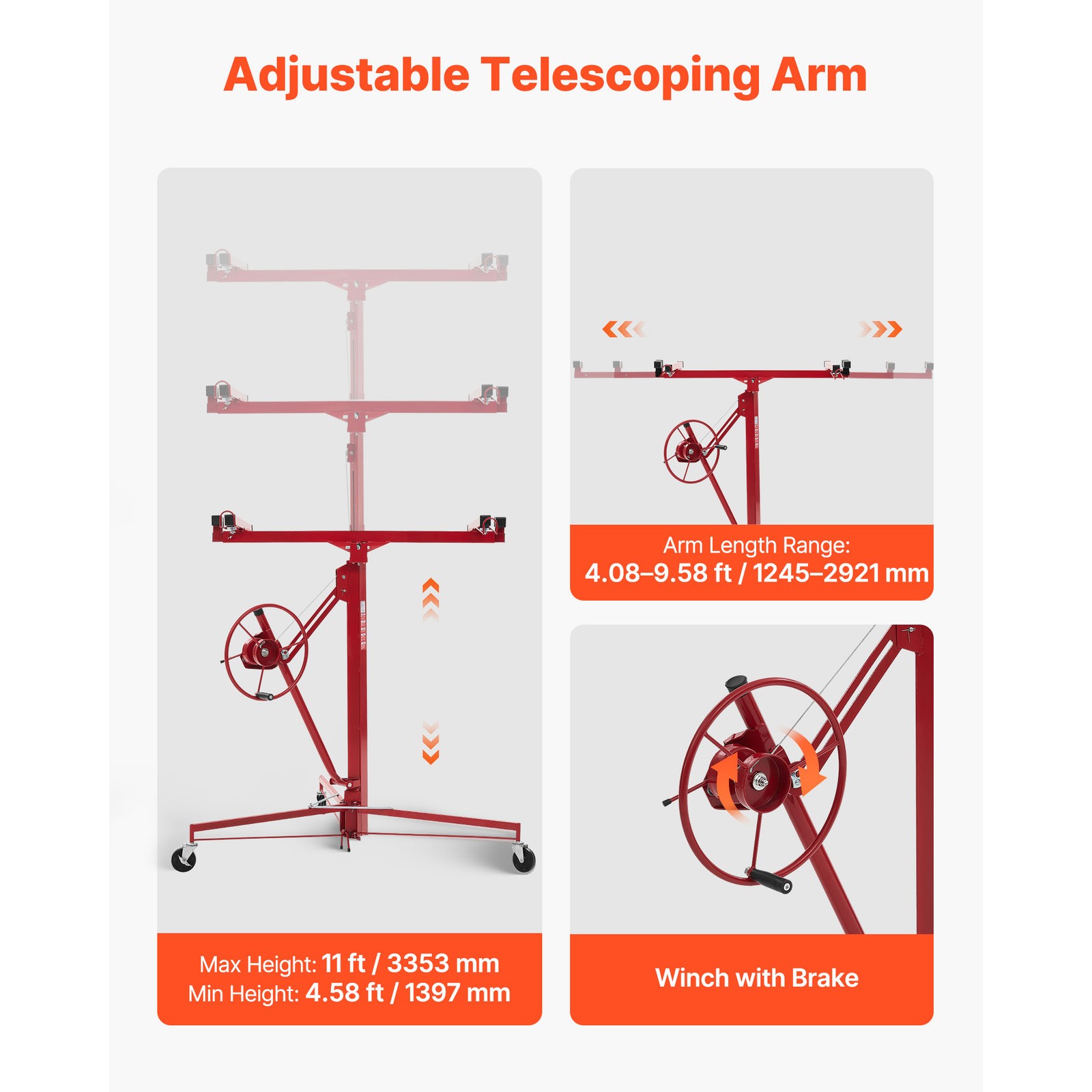 Uimoso 11ft Drywall Lifter Hoist 150 lbs Capacity Adjustable Arm Locking Wheels