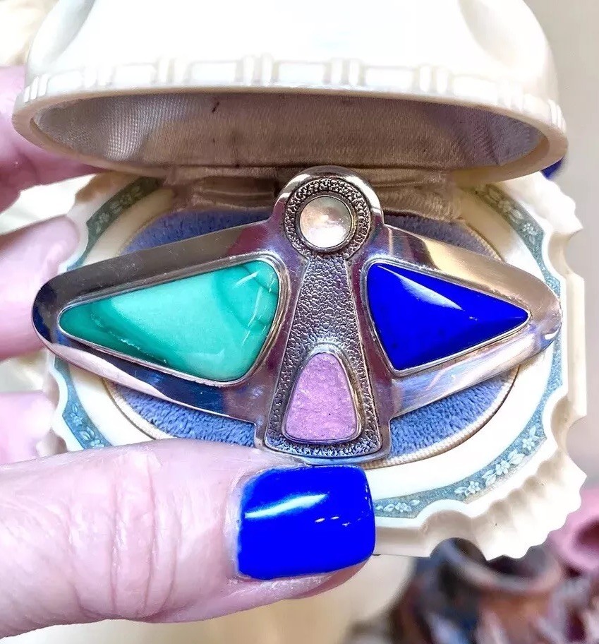 LOVELY Designer Signed Sterling Silver Lapis, Pink Druzy, Moonstone Angel Brooch