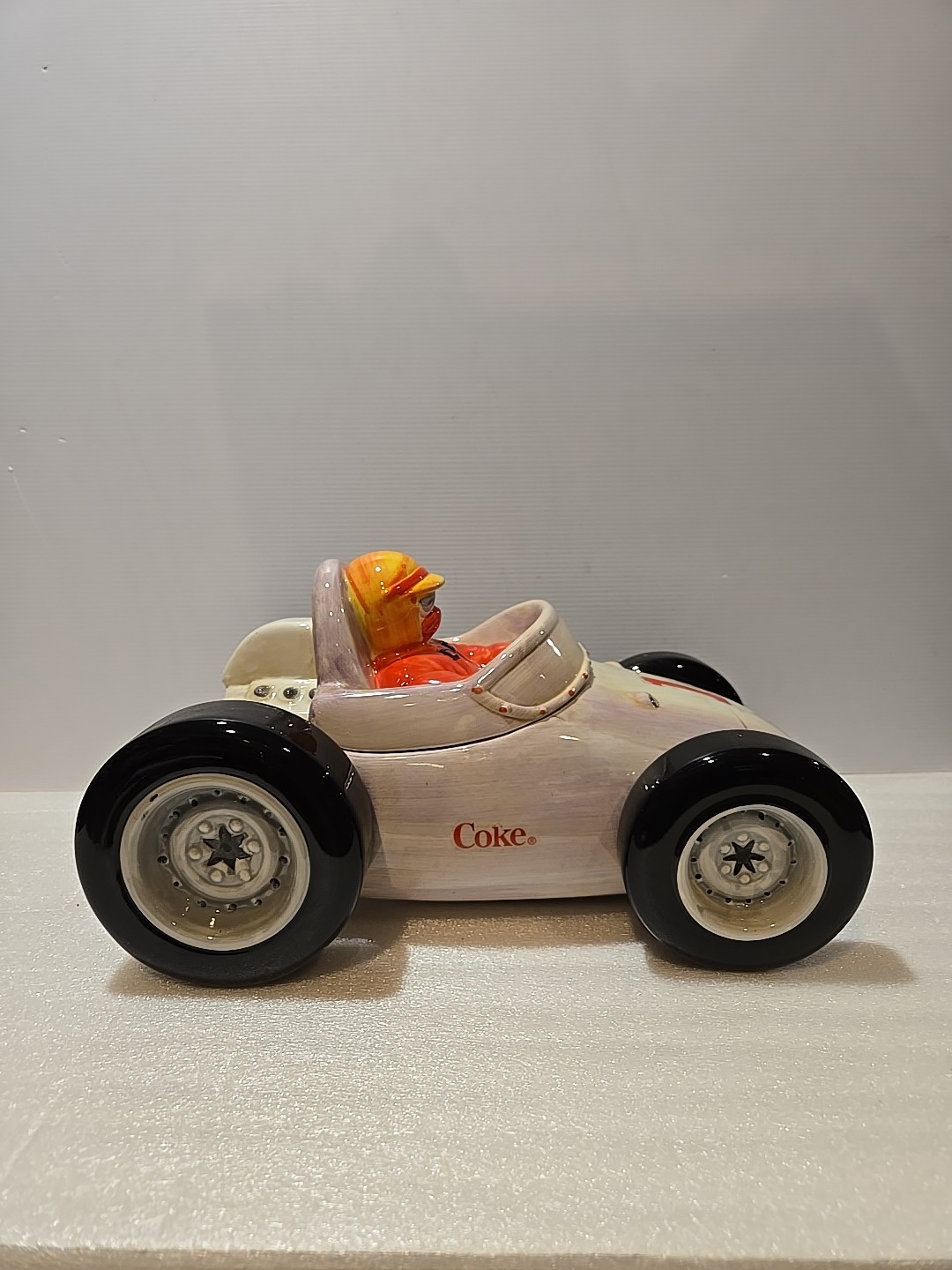 Vintage 2002 Coca-Cola COKE 14" Porcelain Race Car Cookie Jar, Very Good Shape