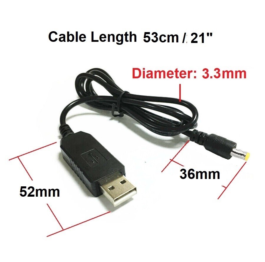 USB to DC Power 4.0x1.7mm Barrel 5-9V 3.3mm diameter Charging Cable Cord