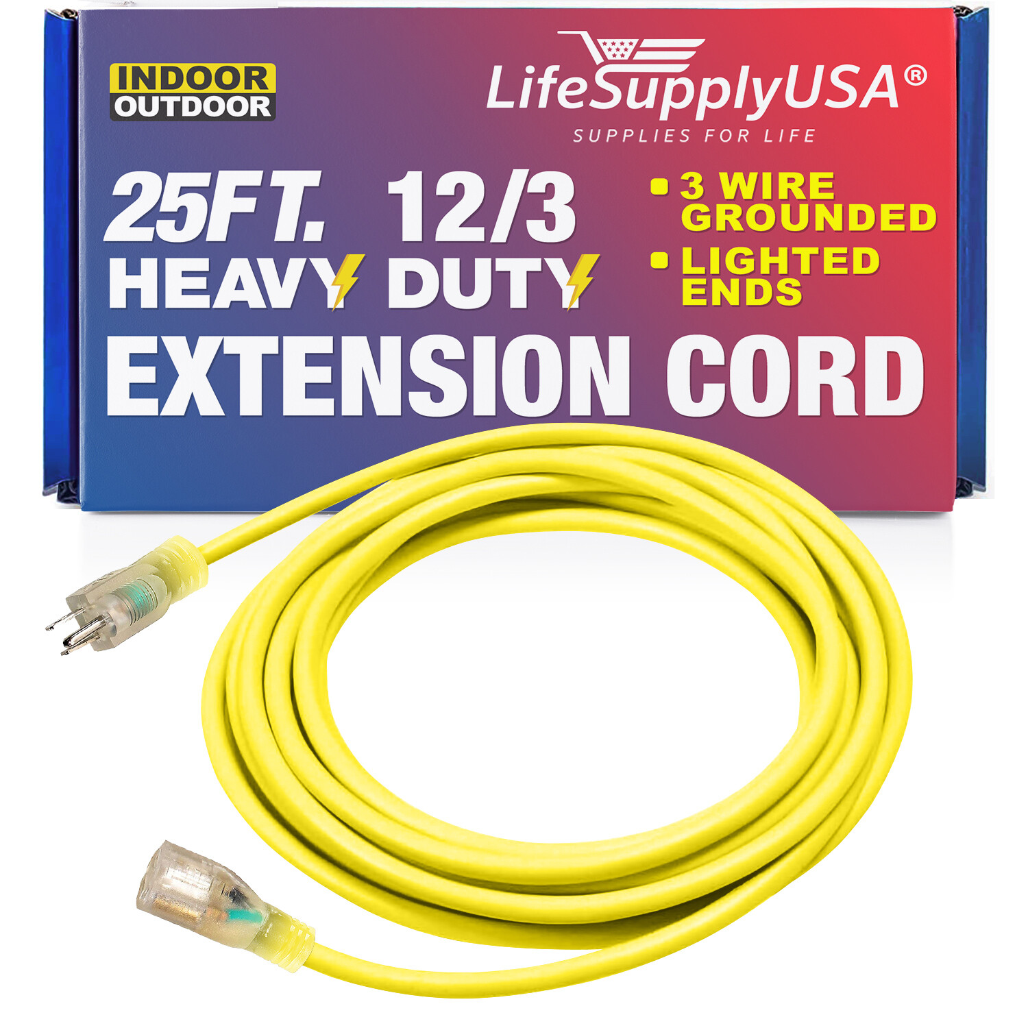 12/3 300V SJTW Lighted Extension Cord - 15 Amp - Sizes: 6 10 25 50 75 100 200 Ft