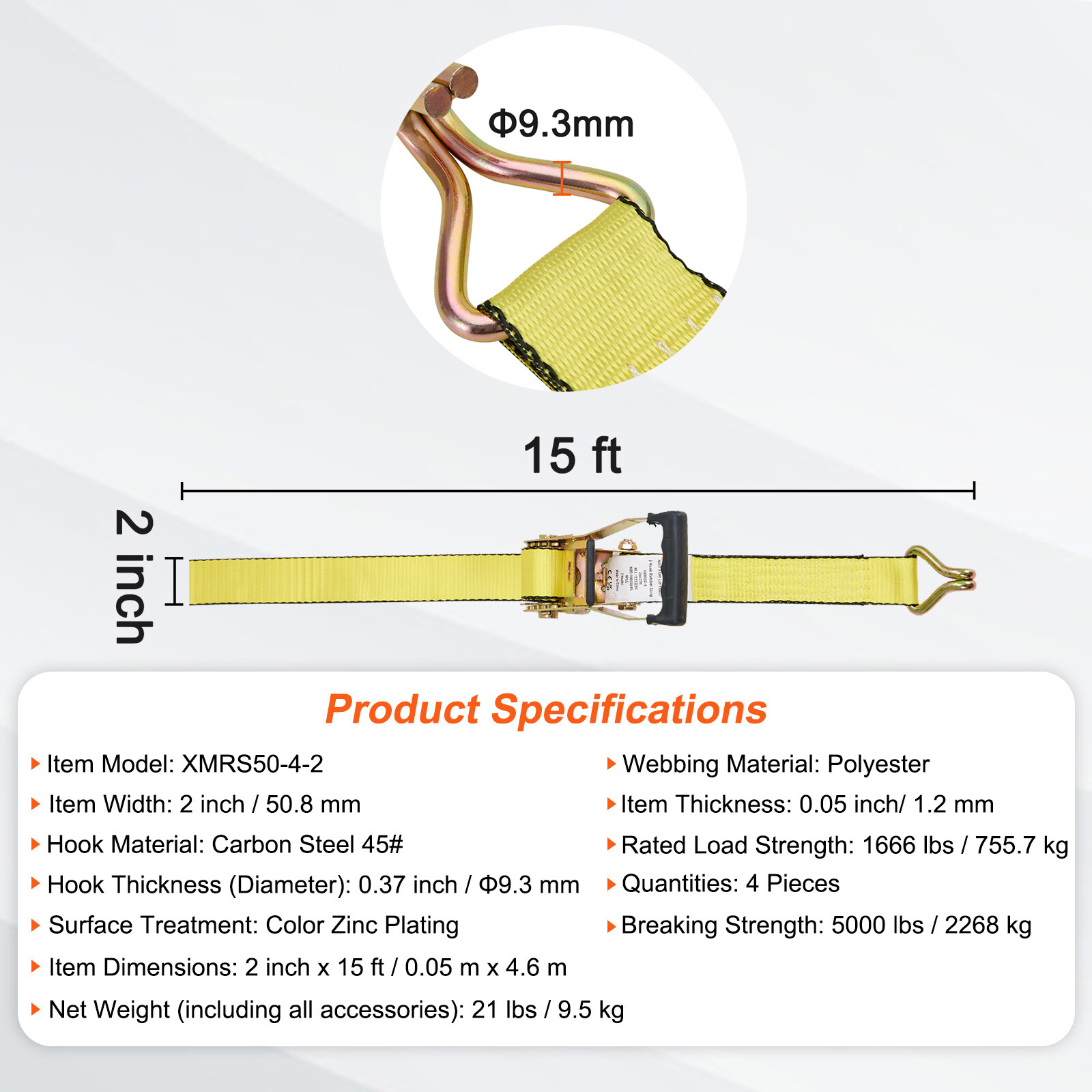 VEVOR 4 Pack Ratchet Tie Down Straps 5000 lbs 2" x 15' Heavy Duty Double J Hook