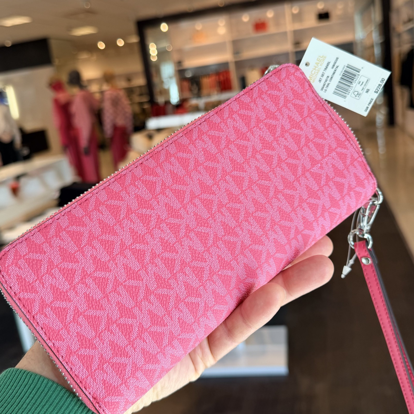 MICHAEL KORS JET SET TRAVEL LG CONTINENTAL WALLET WRISTLET MK LOGO Pink Hibiscus