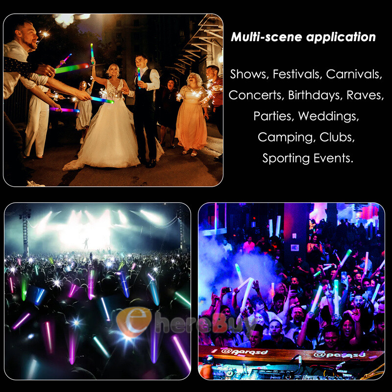 24~120PCS LED DJ Flashing Glow Stick Wands Rally Rave Light Up Foam Sticks