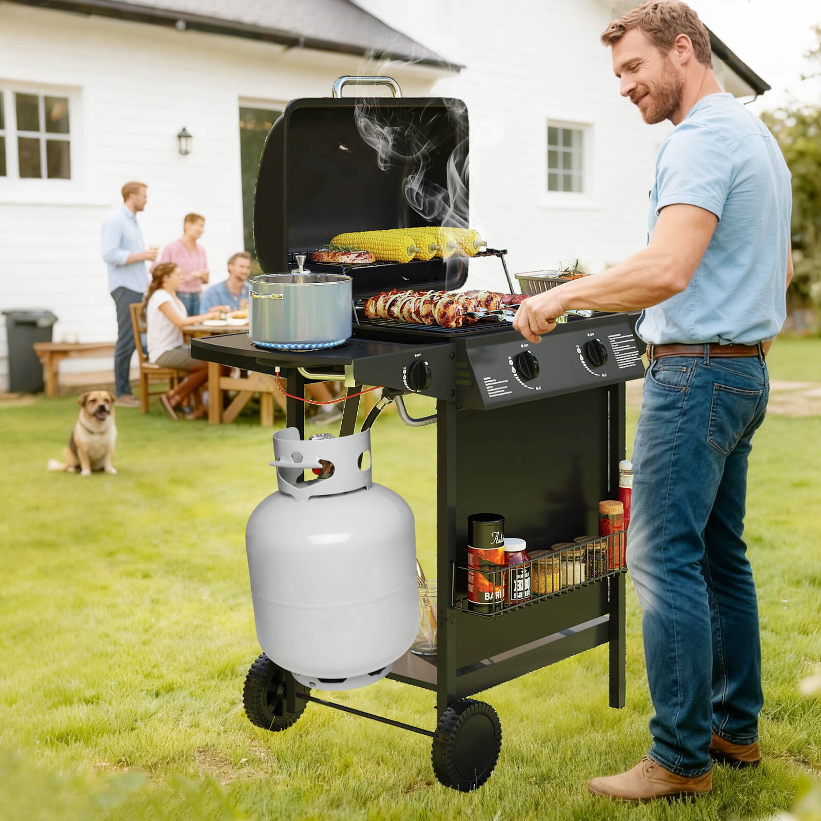30,000 BTU Outdoor Cooking Grill w/Storage Shelves & Porcelain-Enameled Grates