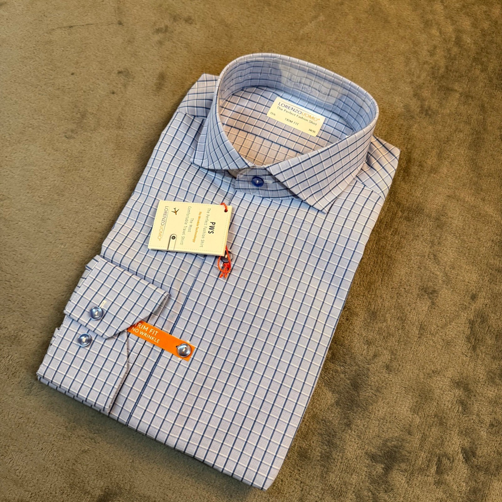 Lorenzo Uomo Trim Fit No Wrinkle Blue Check Dress Shirt Mens 15.5 34/35 PWS NEW