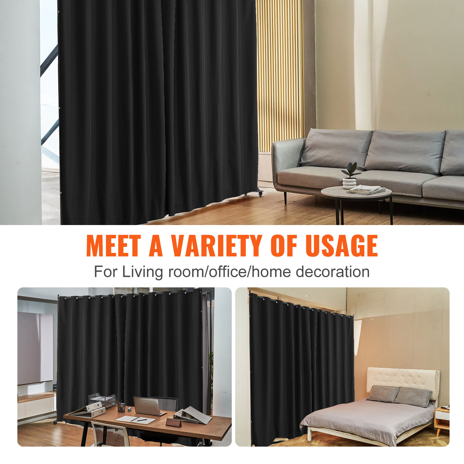 Room Divider Portable Panel Room Divider with Wheels Privacy Screen Black