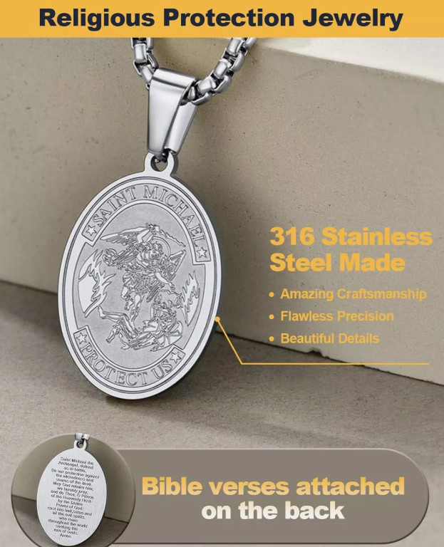 New St. Saint Michael Pendant Necklace Stainless Steel Archangel Medal Prayer