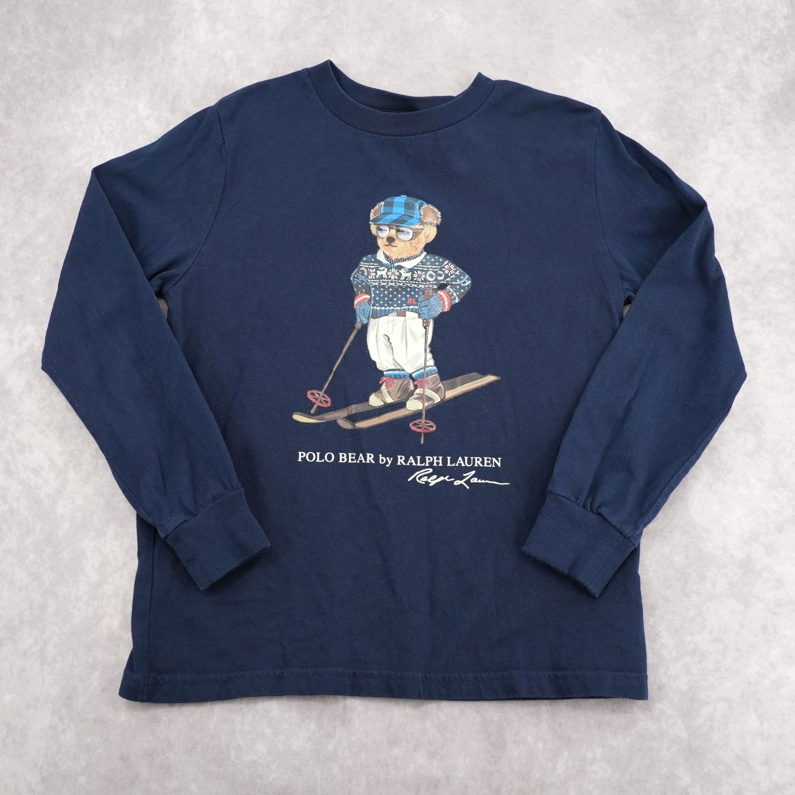 Polo Ralph Lauren Boys Skiing Polo Bear Long Sleeve T-Shirt Navy Blue Size 7