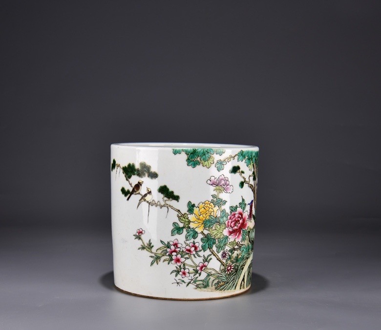 7.8'' YongZheng Marked Famille Rose Porcelain flower bird Brush Pot pencil vase