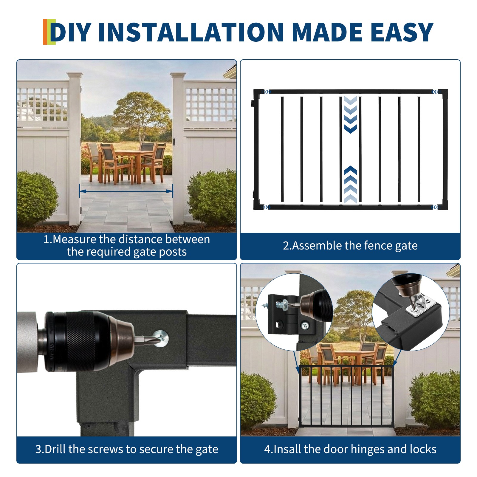 Heavy-Duty Deck Fence Gate 32.5" H x 48" W Black Metal Gate for Patio Yard Fence