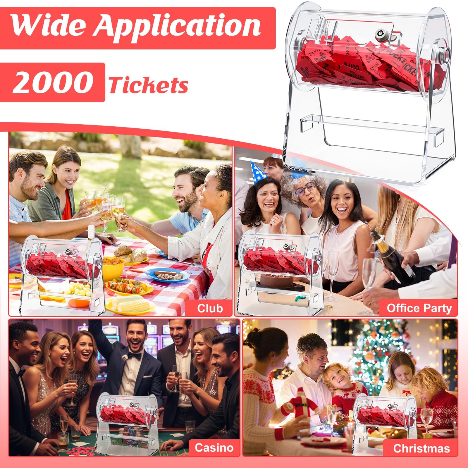 Acrylic Raffle Drum, Clear Raffle Ticket Box Drum Spinner Cage with 1000 Tick...