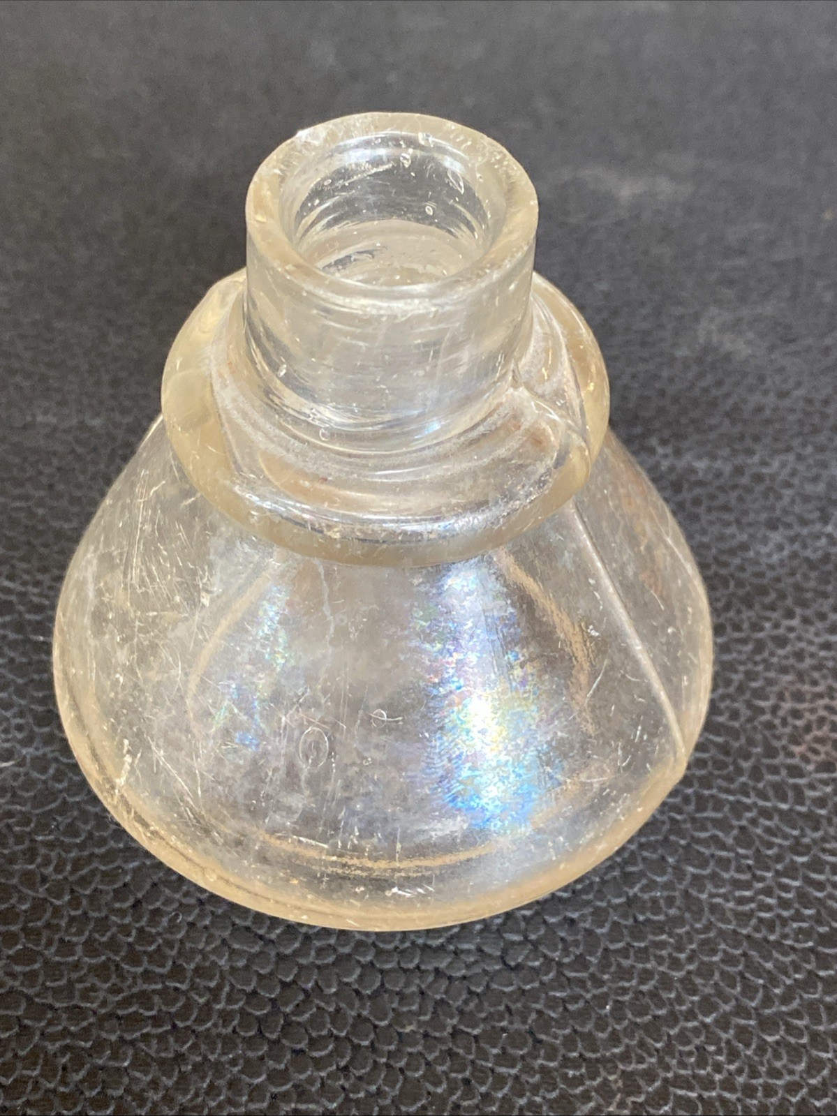 Antique Iridescent Clear Sheered Lip Cone Ring Shoulder 19th C Ink Well Bottle