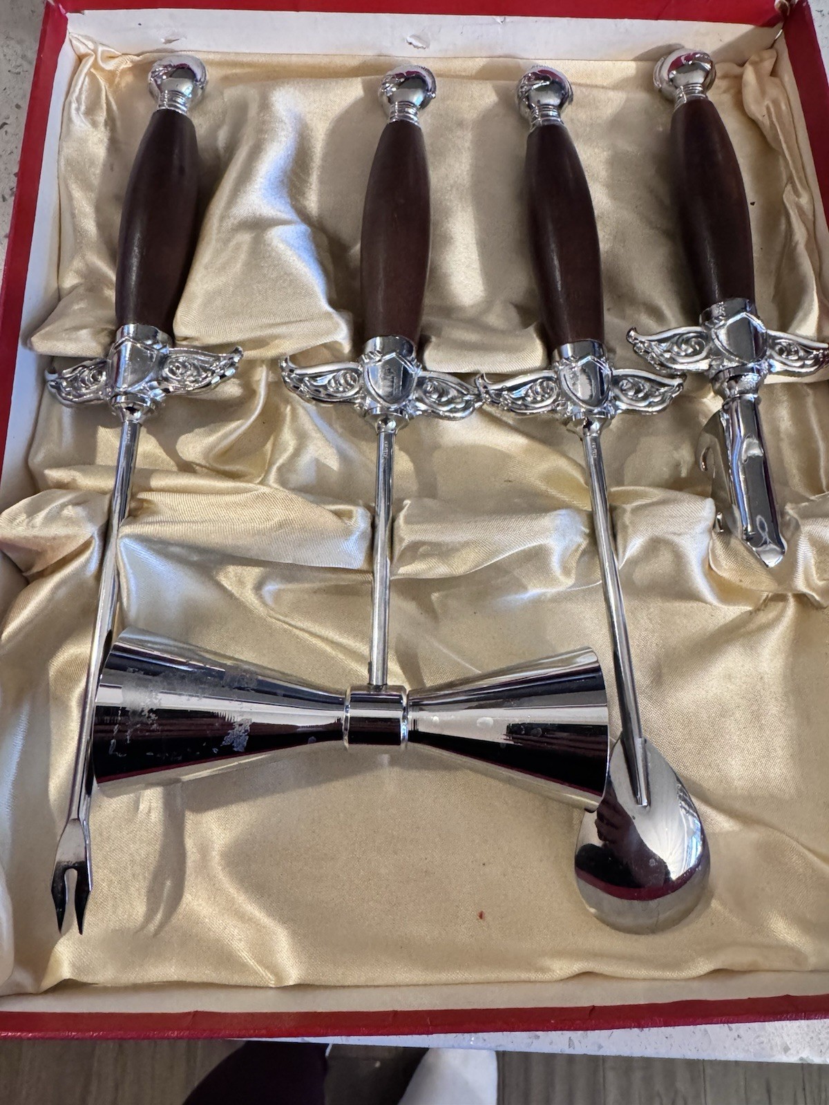 Vntg PAC Knight Bar Set – Sword Handle Bar Tools + Jigger – Original Box