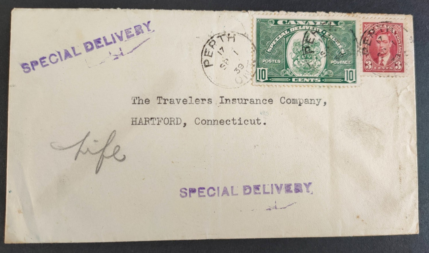 CANADA 1 SEPTEMBER 1939 SPECIAL DELIVERY MAIL TO USA (JF)