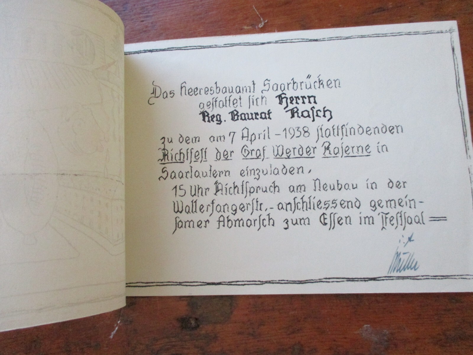 RARE 1938 invite ARMY CAMP CONSTRUCTION SAARLAUTERN TOPPING OUT ceremony WWII