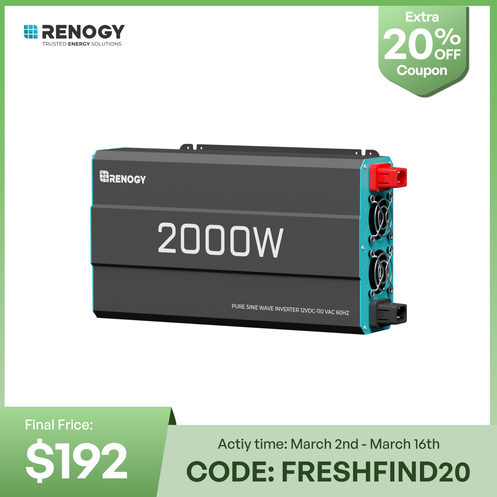 Renogy 2000W Pure Sine Wave Inverter 12V DC to 120V AC Converter Remote Control