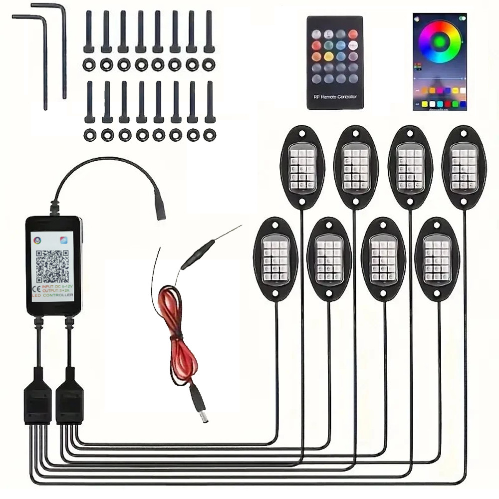 RGB LED Rock Lights 8Pods Offroad Music Wireless Bluetooth Underglow Neon Lights
