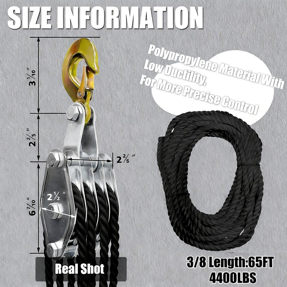 Rope Pulley Hoist 4400 LB 8:1 Lifting Power Pulley Block Tackle System 65FT Rope