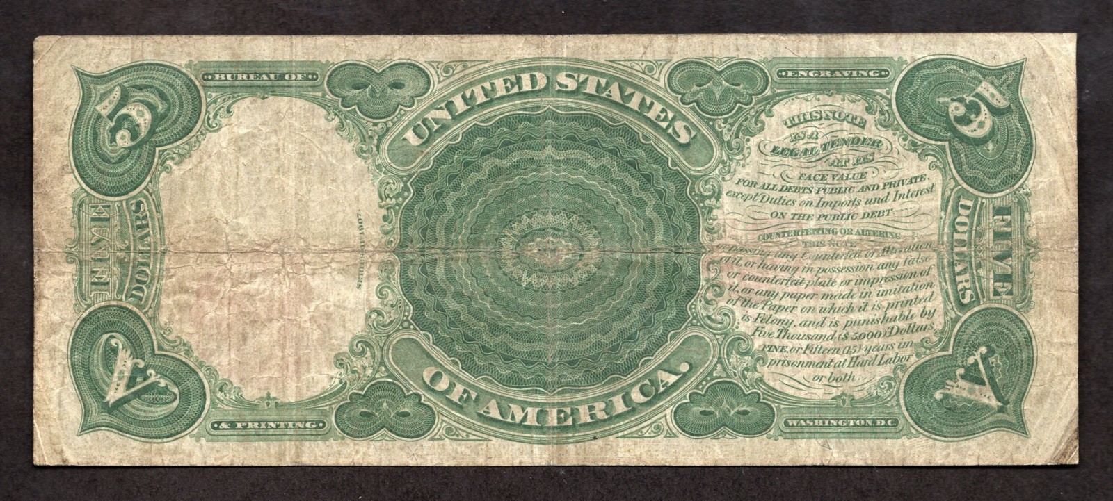1907 $5 "Woodchopper" Legal Tender Note - F/VF