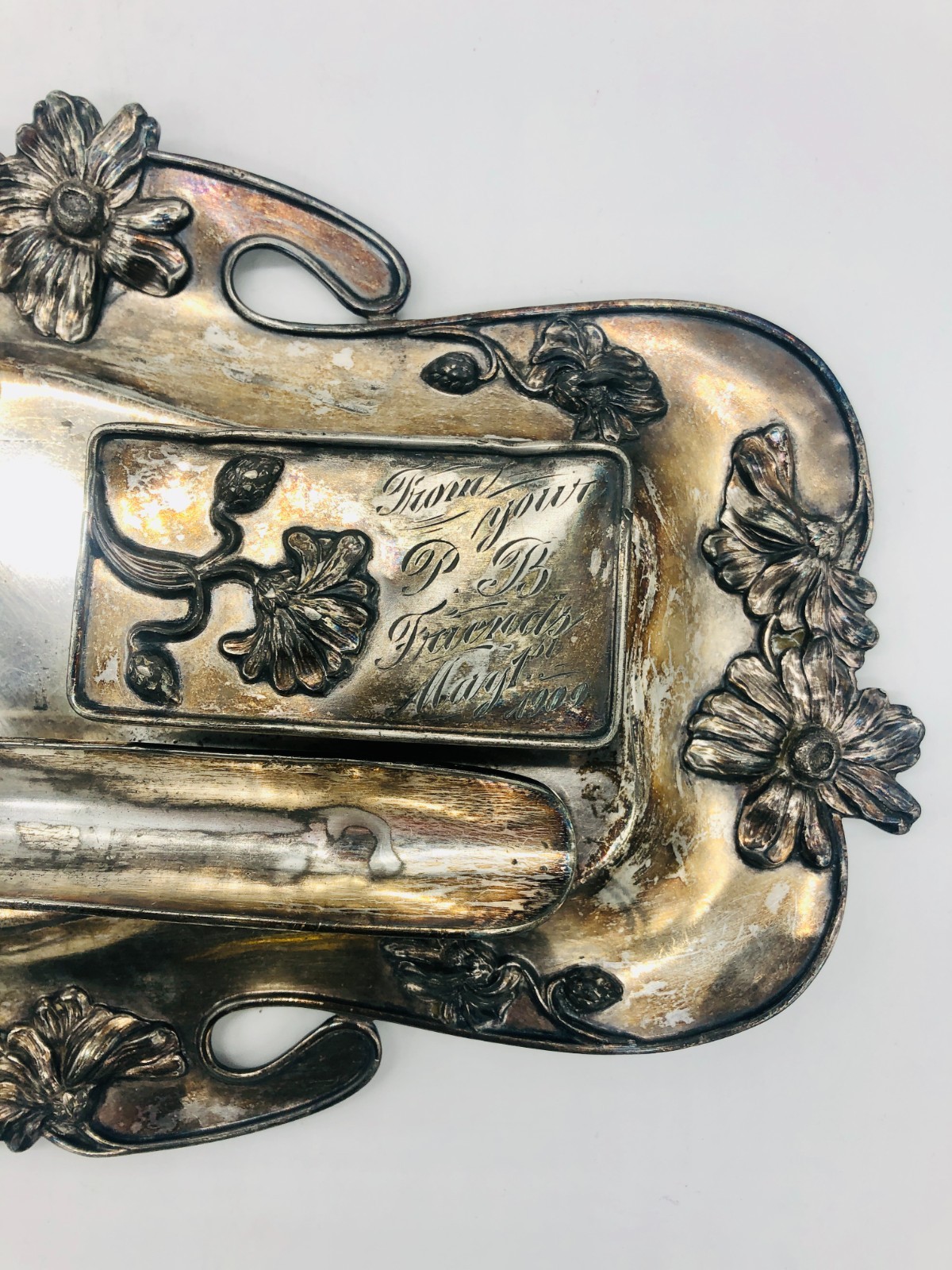 Antique 1905 Derby Silver Co. Art Nouveau Inkwell Set - Engraved #1778 - USA