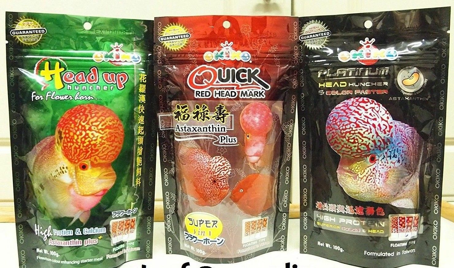 Okiko flowerhorn food all 3 formulas M, L, XL. Platinum, Head Up, Quick from USA