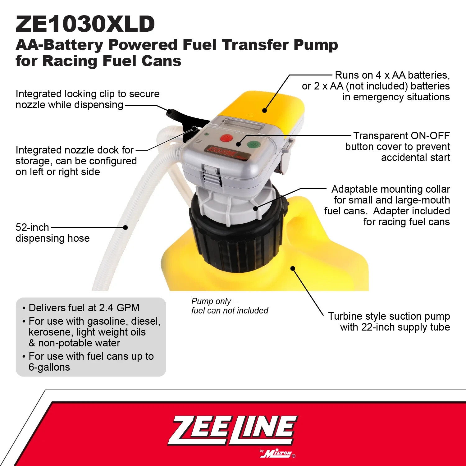 ZEELINE by Milton® ZE1030XLD –Fuel Can Transfer Pump for Racing Style Fuel Cans