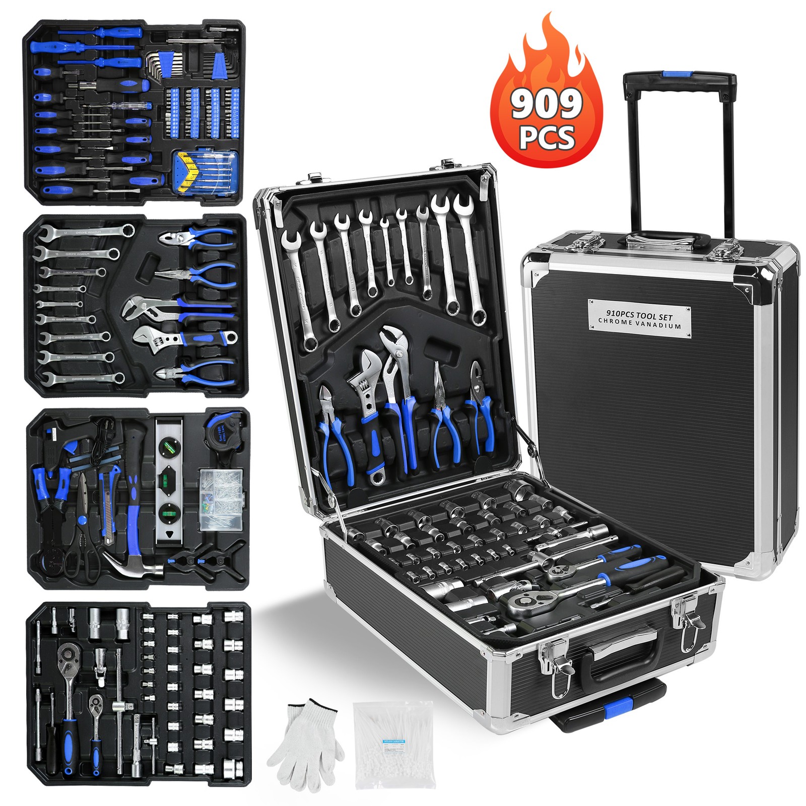 Tool Set Mechanics Tool Kit 909 PCS Wrenches Socket with Trolley Case Box Silver