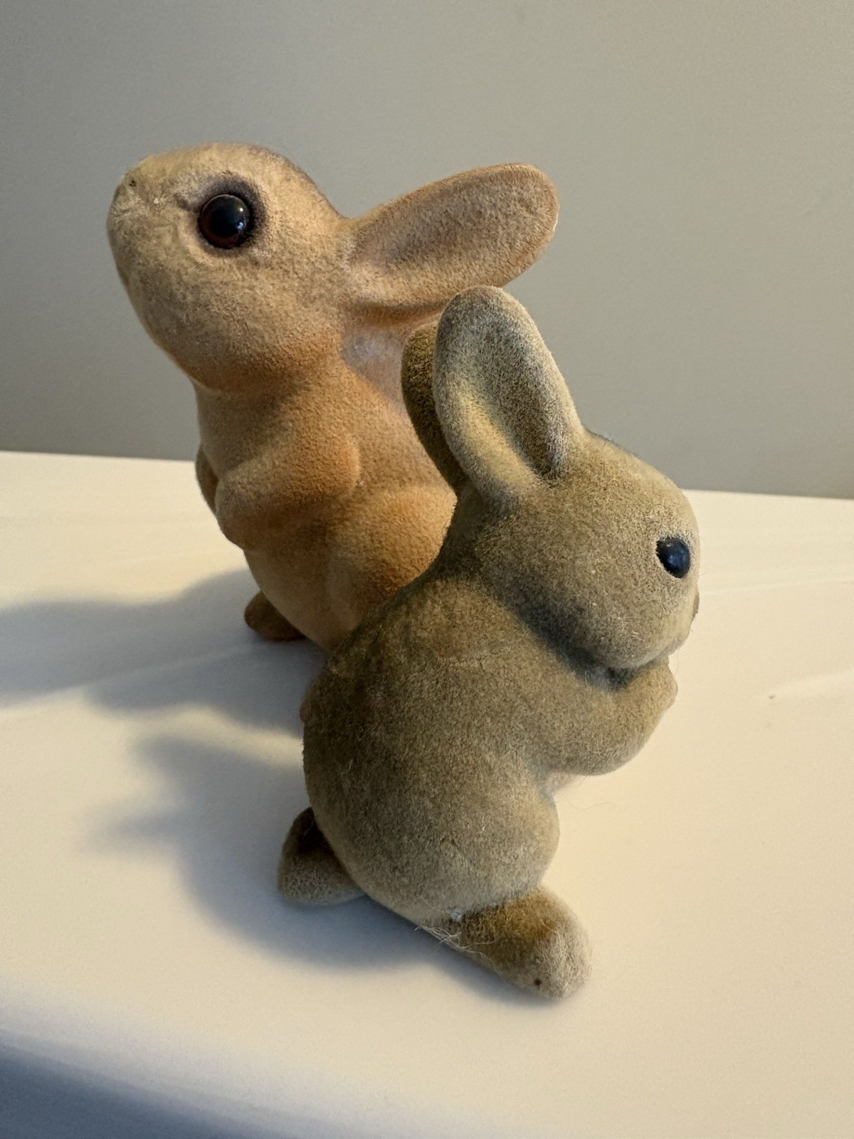 2 Vtg Sm Brown Flocked Fuzzy Bunny Rabbits Hard Figures Easter Read