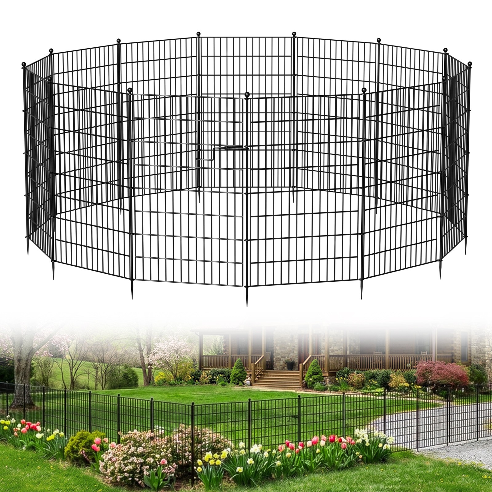 Decorative No Dig Garden Fence with Gate - 7/13 Panels for Pets & Yard 15/18 Ft
