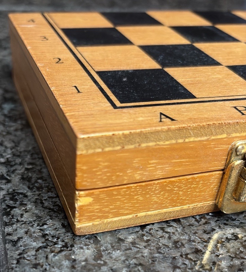 Chess Travel Hinged Wood Board Metal Bronze Silver Pieces Set Small Mini