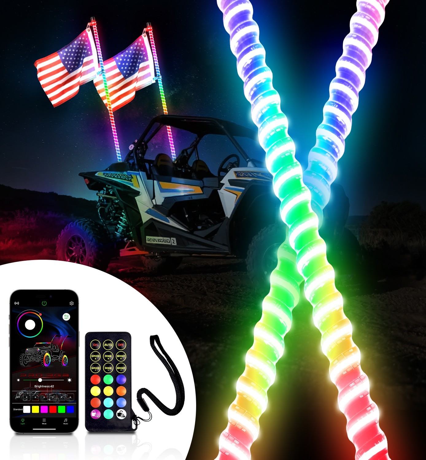 2FT-6FT ATV UTV COB LED Whip Lights RGB Spiral Chasing w/ App & Remote Control