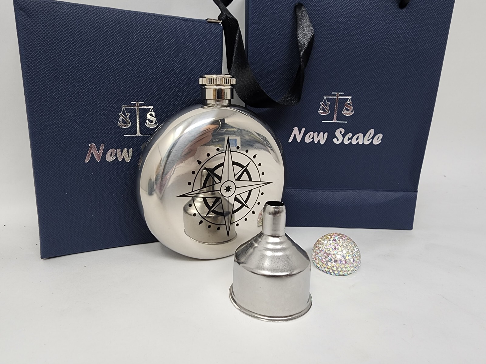COMPASS FLASK 5 ounce/ 148 ml Canteen, Stainless Steel w/ funnel and two Caps