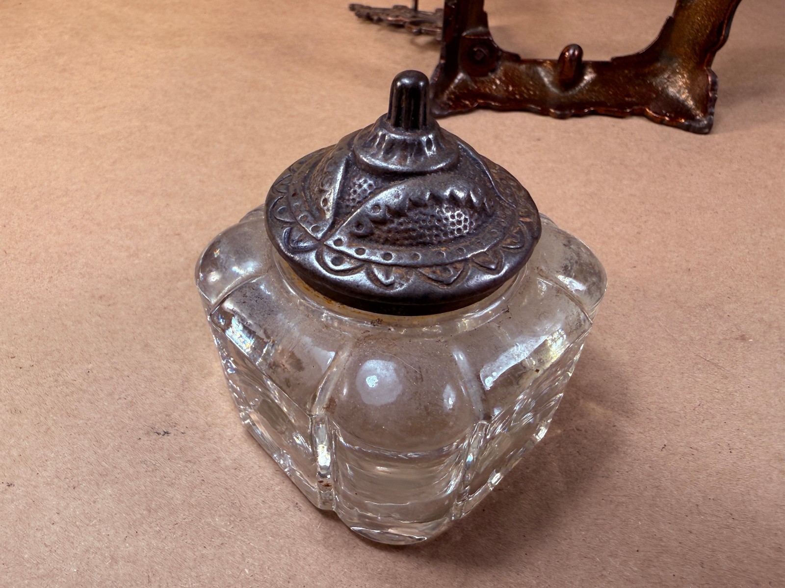 Antique Victorian Cast Iron Inkwell and Pen Holder with Glass Inkwell