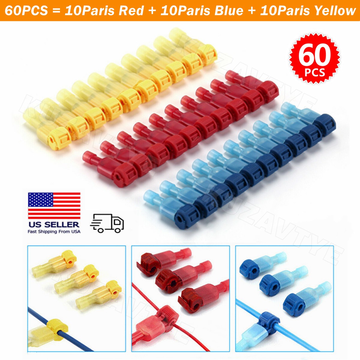60/480Pcs T-Taps Wire Terminals Connectors Insulated 22-10 AWG Quick Splice Kit