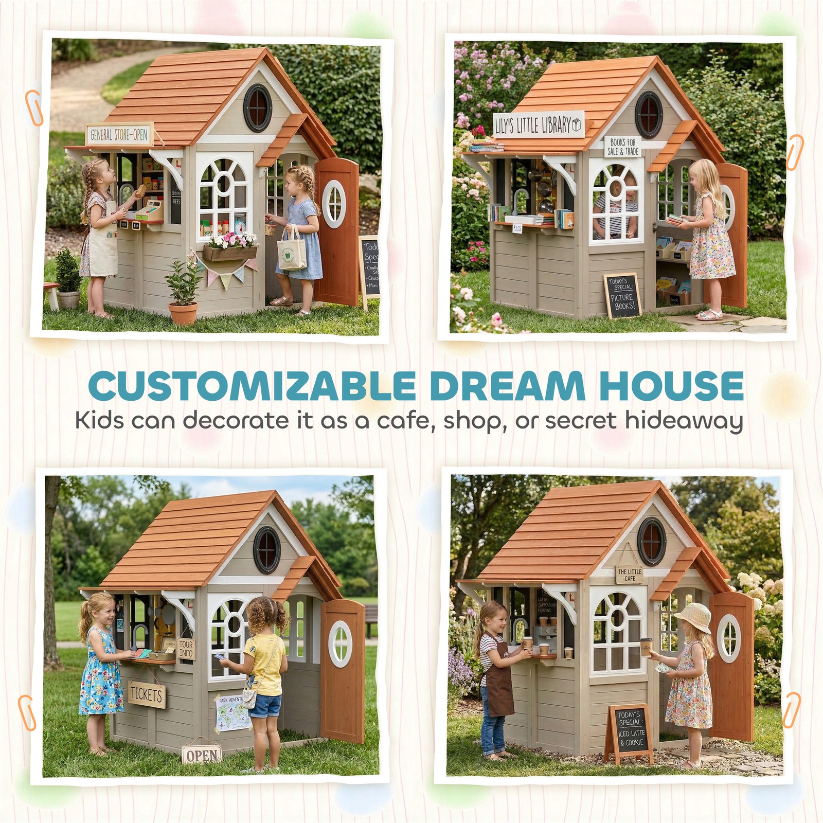 Qaba Outdoor Wooden Playhouse with Dog Door, Cookware, Blackboard, Clock