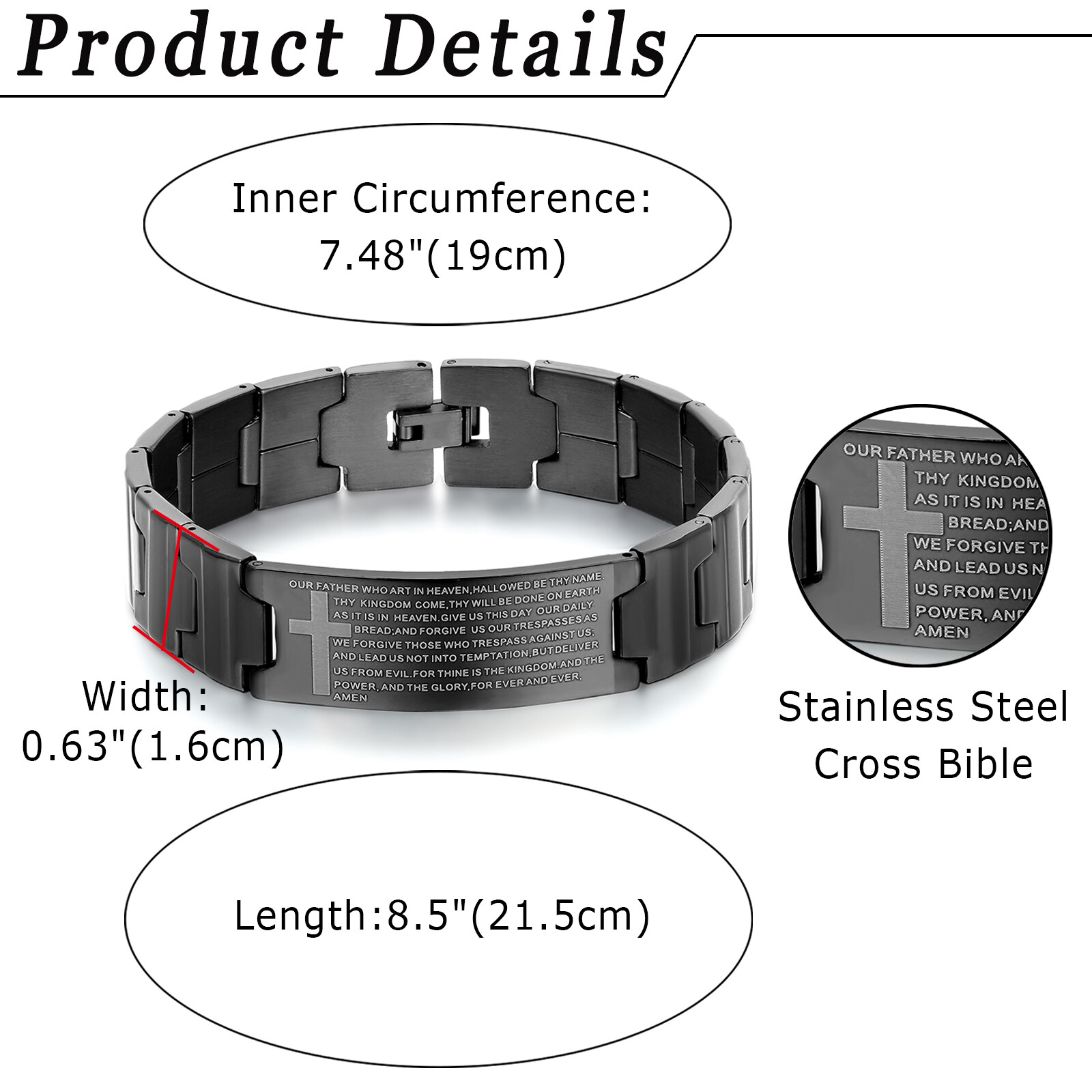 Men Black Stainless Steel Christ Cross English Bible Lords Prayer Chain Bracelet