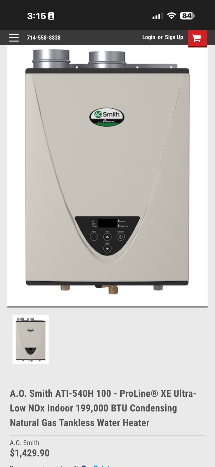 AO Smith ATI-540H 100 199,000 BTU  Proline XE-Ultra Gas Tankless Water Heater