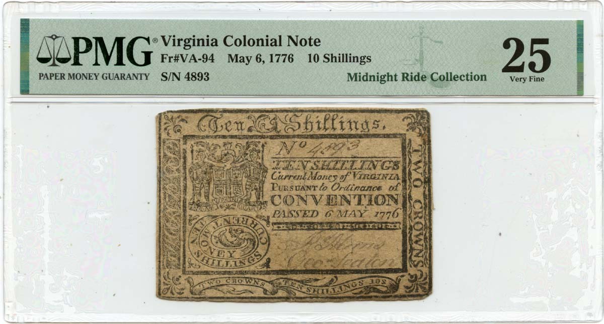 1776 May 6, 10 Shillings Virginia Colonial Note FR#VA-94 PMG VF25