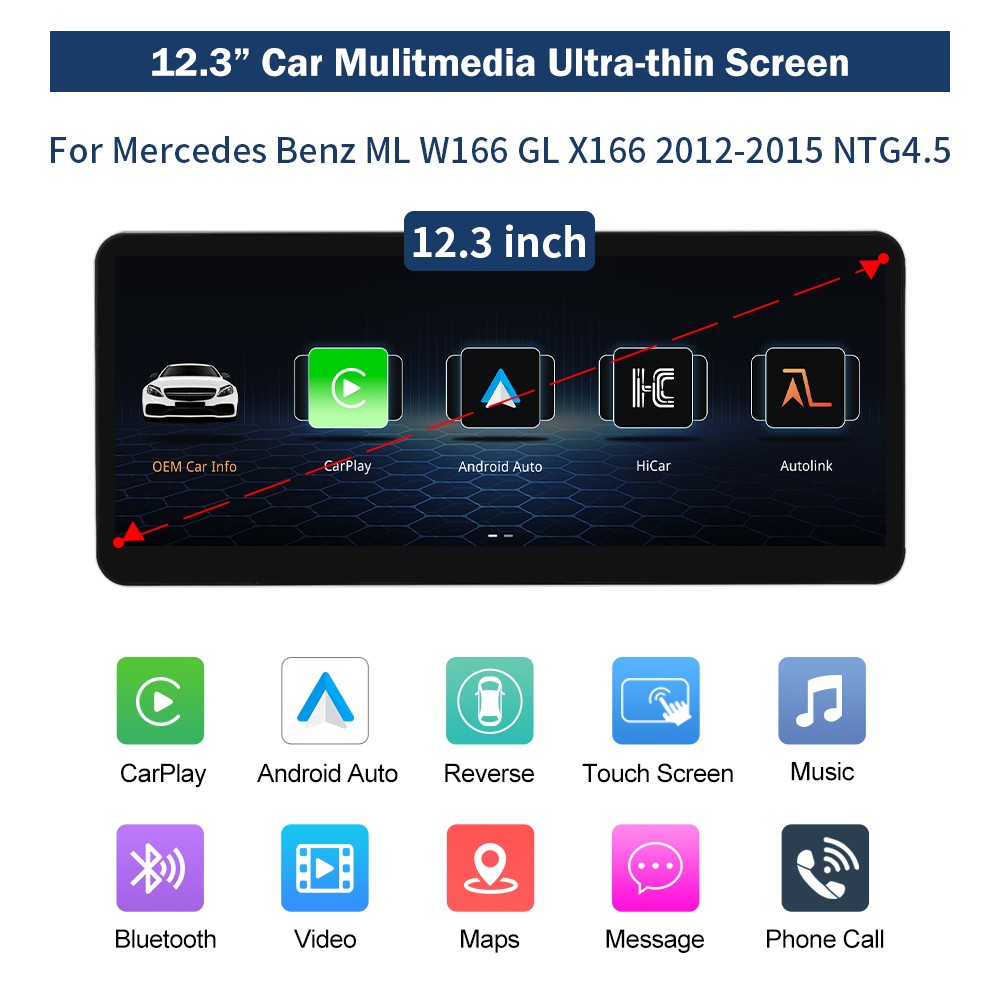 For Benz ML W166 GL X166 NTG4.x 12.3' Wireless CarPlay Multimedia TouchScreen