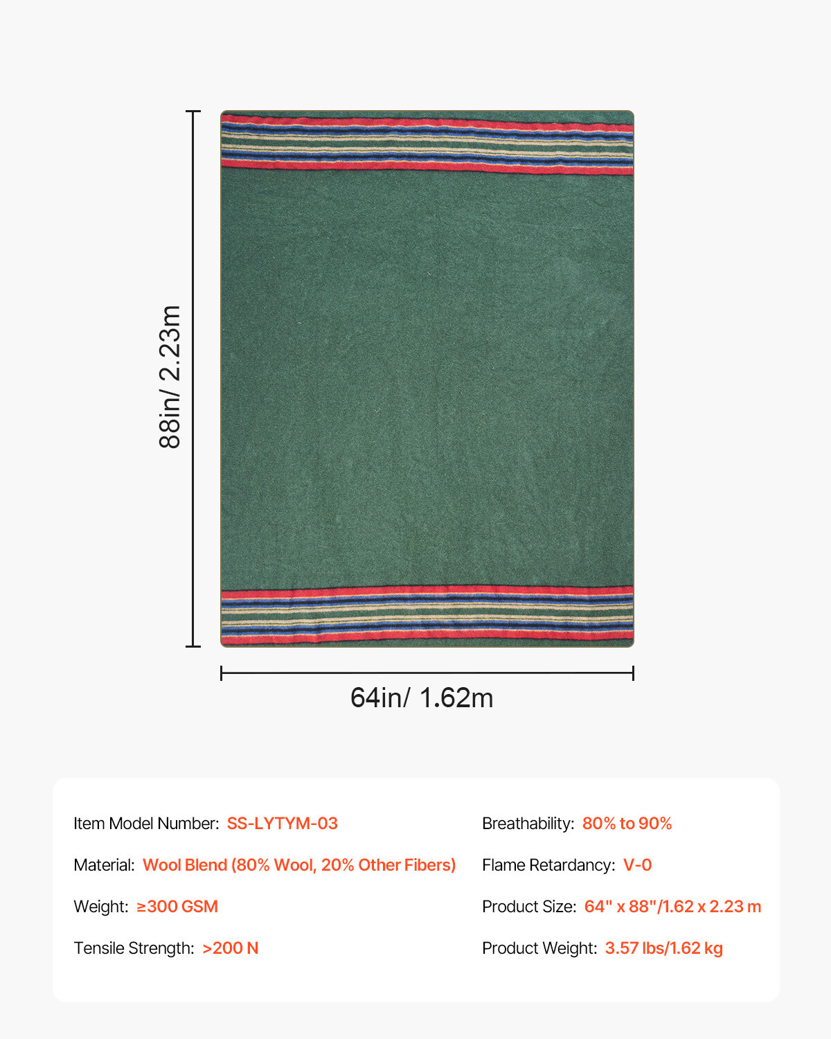 Wool Camping Blanket 64" x 88" Warm for Camping Hiking Travel Texture