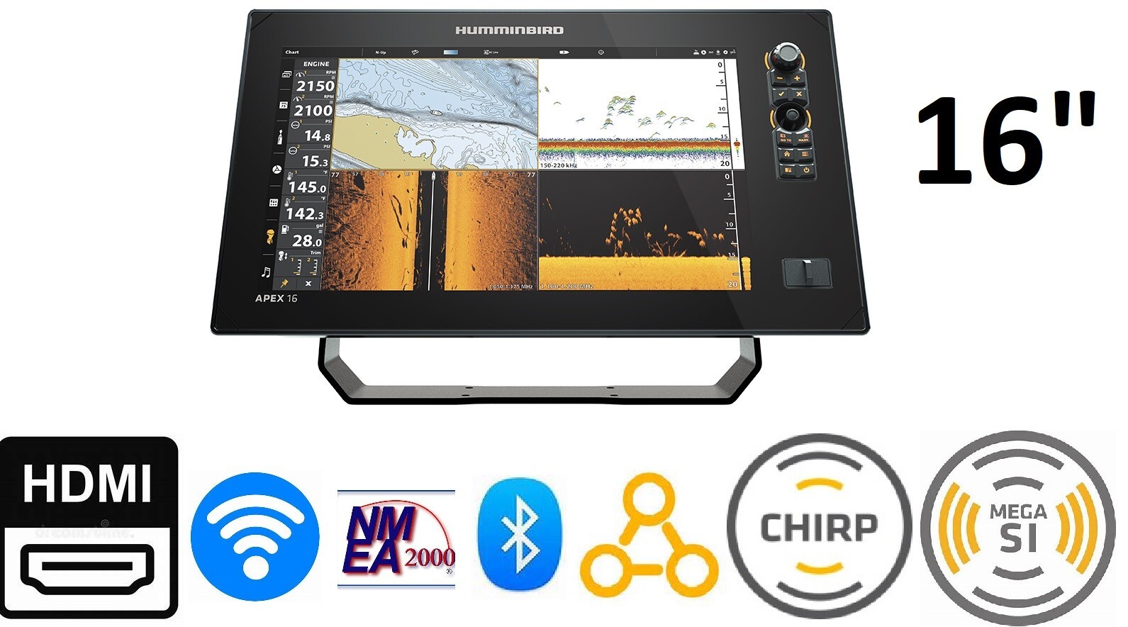 Humminbird APEX 16 MEGA SI+ GPS Chartplotter Bluetooth Fishfinder Display Only