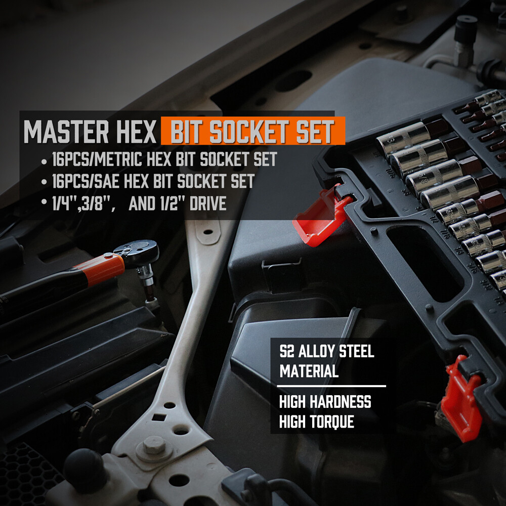 32PC Hex Bit Socket Set Allen Head High Torque Strengthened SAE Metric S2 Steel