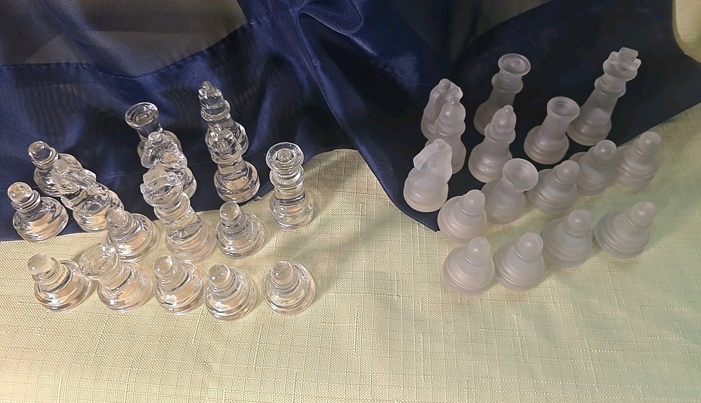 Glass Chess Pieces Frosted & Clear No Board Complete Set