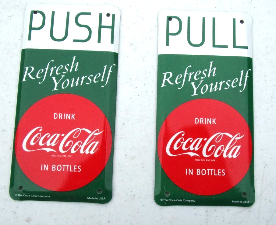 Vintage Style Coca-Cola Push Pull Door Plates, 2 Piece Set, Classic Design