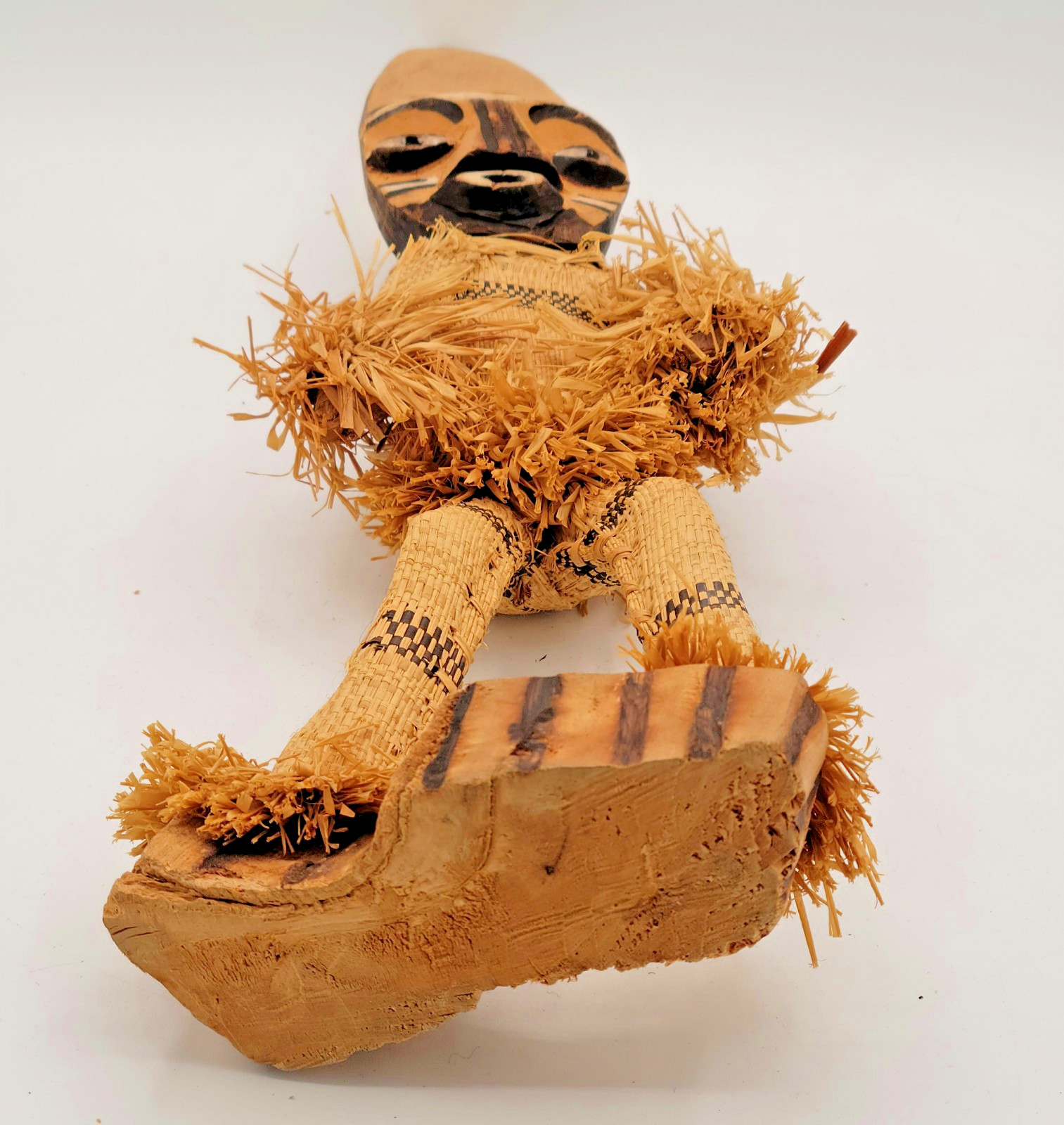 African Pende DRC Minganji Wood & Woven Masquerade 17" Statue Doll Figure VTG