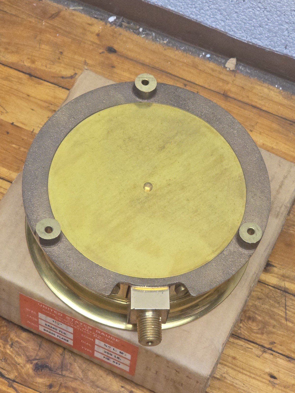 Vintage Industrial U.S. Gauge Co. 4-1/2" Brass 200PSI Steam Pressure Gauge NOS