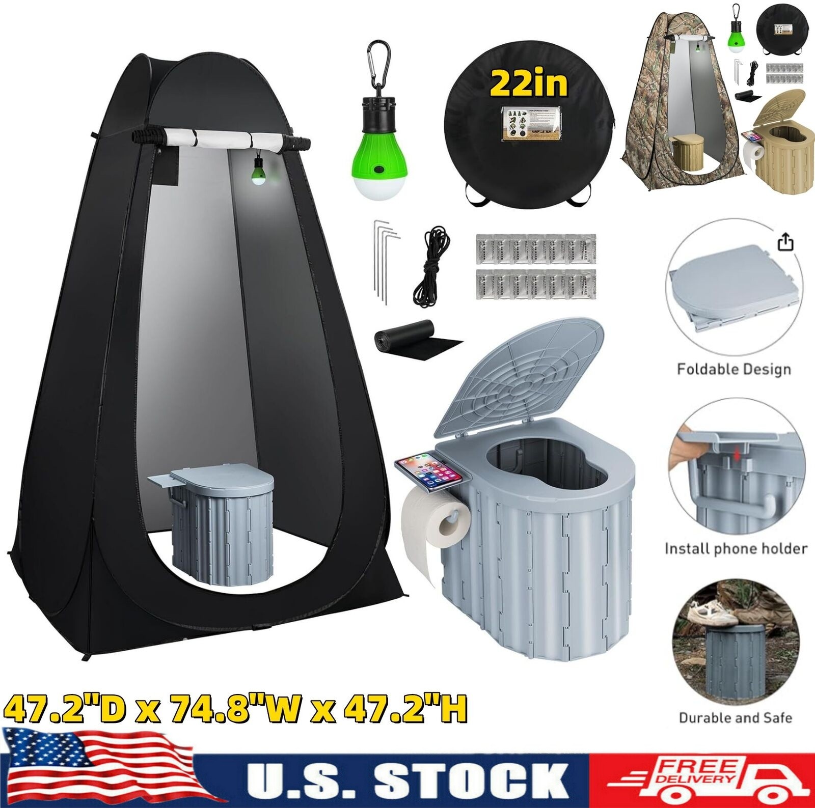 Portable Camping Toilet with Pop-Up Privacy Tent Outdoor Folding Camp Bathroom