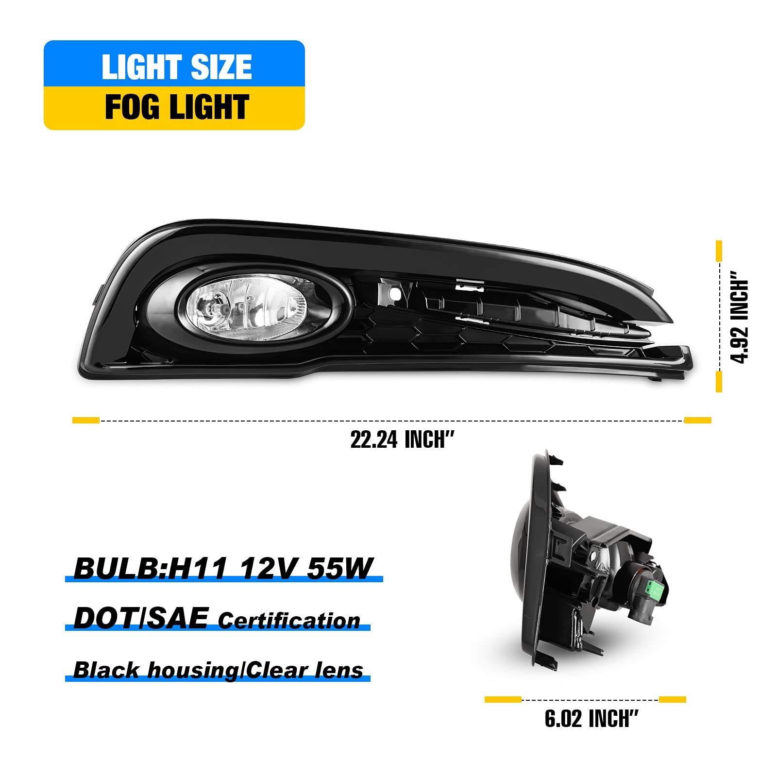 Fog Lights for 2015 Honda Civic 4 Door Sedan Wiring Kit Switch Pair Clear Lens