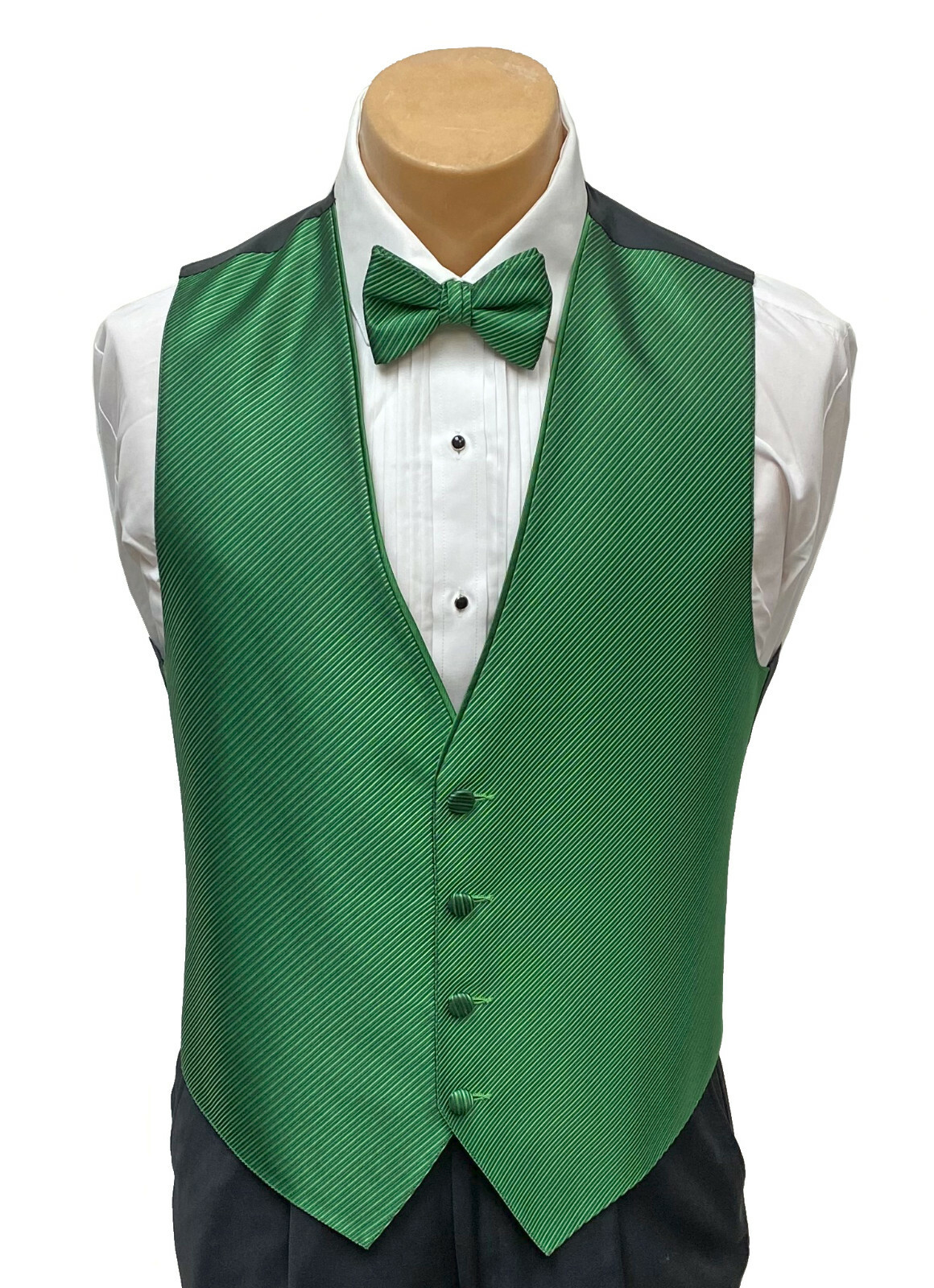 Men's Kelly Green Striped Tuxedo Vest with Tie Bow or Long Groom Prom Wedding
